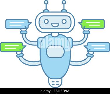 Mit vier Sprechblasen Farbe Symbol Chatbot. Talkbot chatten für mehrere Benutzer. Customer Support Service. Moderne Roboter. Isolierte Vector Illustration Stock Vektor