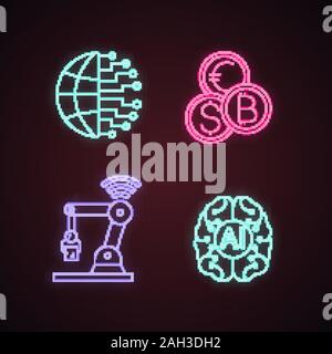Künstliche Intelligenz Neon Licht Symbole gesetzt. Neurotechnologie. AI. Big Data, Währungsumtausch, IoT Roboter, digitale Gehirn. Leuchtende Zeichen. Vektor isolat Stock Vektor