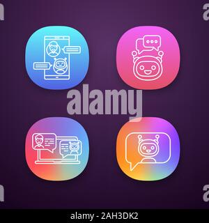 Chatbots App Icons einstellen. UI/UX-Benutzeroberfläche. Virtuelle Assistenten. Messenger und Chat Bots. Moderne Roboter. Smartphone und Laptop Chat-roboter. Web oder Mo Stock Vektor