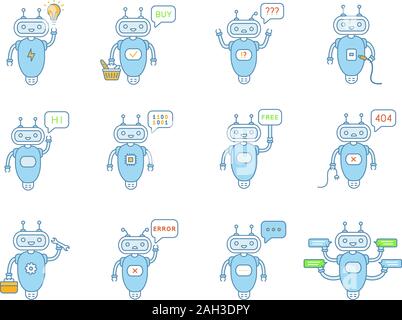 Chatbots farbige Symbole gesetzt. Virtuelle Assistenten. Talkbots. Chat, Fehler, kaufen, kostenlos, Reparatur, Idee Bots. Moderne Roboter. Isolierte Vektorgrafiken Stock Vektor