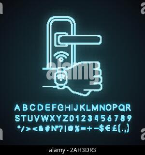 Türschloss geöffnet mit NFC-Armband Neonlicht Symbol. Leuchtende Zeichen mit Alphabet, Zahlen. Near Field Communication Vorhängeschloss. RFID-Armband. Kontaktlose Stock Vektor