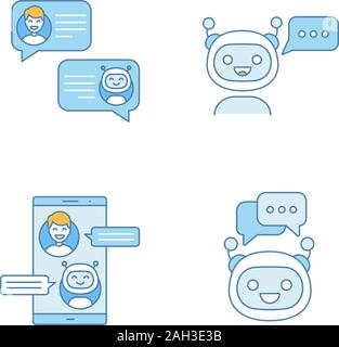 Chatbots farbige Symbole gesetzt. Virtuelle Assistenten. Messenger und Chat Bots. Moderne Roboter. Smartphone Chat-roboter. Isolierte Vektorgrafiken Stock Vektor