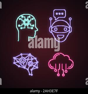 Künstliche Intelligenz Neon Licht Symbole gesetzt. Neuronales Netz Neurotechnologie. Chat bot, ai, digitale Gehirn, Cloud Computing. Leuchtende Zeichen. Vektor isol Stock Vektor
