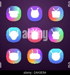 Chatbots App Icons einstellen. UI/UX-Benutzeroberfläche. Moderne Roboter emojis. Lachen, glücklich Chat bot Smileys. Virtuelle Assistenten. Web oder mobile Anwendungen. Stock Vektor
