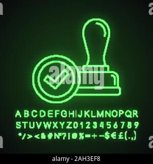 Stempel genehmigt Neonlicht Symbol. Stempel der Zustimmung. Verifikation und Validierung. Zertifiziert und zugelassen. Leuchtende Zeichen mit Alphabet, Zahlen und Symbolen. Stock Vektor