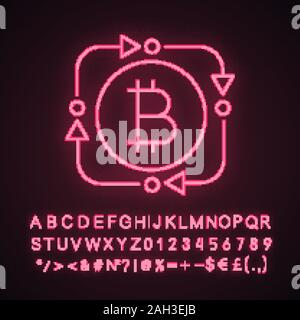 Bitcoin exchange Neonlicht Symbol. Digitale Währung Transaktion. Leuchtende Zeichen mit Alphabet, Zahlen und Symbolen. Kreis Pfeile mit bitcoin Innen. Fi Stock Vektor