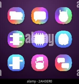 Chatbots App Icons einstellen. UI/UX-Benutzeroberfläche. Talkbots. Support Service, Chat, Messenger Bots. Moderne Roboter. Digitale Gehirn und Prozessor. Web- oder Mobi Stock Vektor