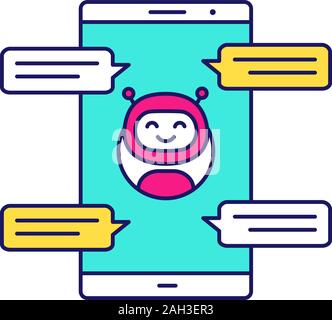 Mit Sprechblasen Farbe Symbol Chatbot. Messenger Bot chatten auf dem Smartphone. Moderne Roboter. Virtueller Assistent. Isolierte Vector Illustration Stock Vektor