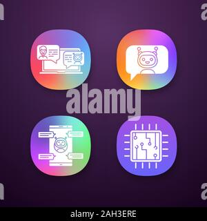 Chatbots App Icons einstellen. UI/UX-Benutzeroberfläche. Virtuelle Assistenten. Messenger und Chat Bots. Prozessor. Moderne Roboter. Smartphone Chat-roboter. Web oder Mo Stock Vektor