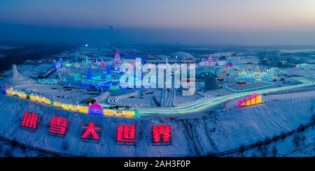 Nacht Blick auf das beleuchtete Eisskulpturen auf dem Display während der 21 Harbin Eis und Schnee Welt in der Stadt Harbin, im Nordosten der chinesischen Provinz Heilongjiang Stockfoto