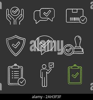 Genehmigen chalk Symbole gesetzt. Qualität, Service, Chat, Lieferung, Sicherheit, Dialog, Stempel, Aufgabe Planung, Wähler, Zwischenablage mit Häkchen. Isolierte v Stock Vektor