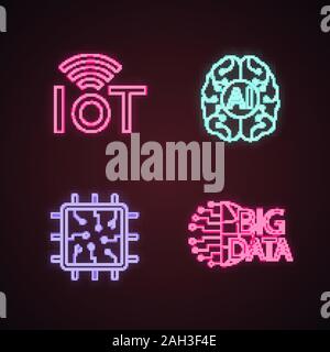 Künstliche Intelligenz Neon Licht Symbole gesetzt. Neuronales Netz. Neurotechnologie. Internet der Dinge, große Daten, Chip, ai. Leuchtende Zeichen. Vektor isoliert Stock Vektor