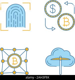 Bitcoin cryptocurrency farbige Symbole gesetzt. Scannen von Fingerabdrücken, Cloud Bergbau, Währungsumtausch, bitcoin Netzwerk. Isolierte Vektorgrafiken Stock Vektor