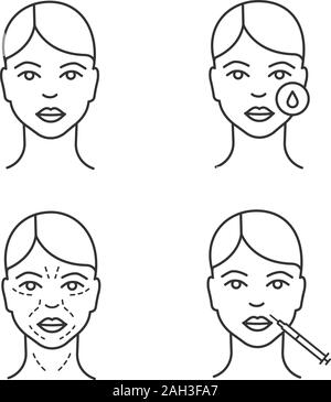 Botox-injektion lineare Symbole gesetzt. Gesicht der Frau, Entfernen von Make-up, Mimikfalten, Lippen Botox Injektion. Thin Line Kontur Symbole. Isolierte Vektor outli Stock Vektor