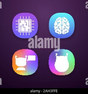 Chatbots App Icons einstellen. UI/UX-Benutzeroberfläche. Virtuelle Assistenten. Messenger und Chat Bots. Prozessor. Digitale Gehirn. Moderne Roboter. Web oder mobile Appl Stock Vektor
