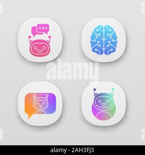 Chatbots App Icons einstellen. UI/UX-Benutzeroberfläche. Virtuelle Assistenten. Messenger und Chat Bots. Prozessor. Digitale Gehirn. Moderne Roboter. Web oder mobile Appl Stock Vektor
