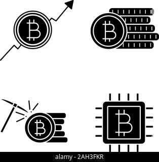 Bitcoin cryptocurrency Glyphe Symbole gesetzt. Marktwachstum chart, bitcoin Münzen stack, Bergbau, Mikrochip. Silhouette Symbole. Vektor isoliert Abbildung Stock Vektor