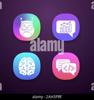 Chatbots App Icons einstellen. UI/UX-Benutzeroberfläche. Virtuelle Assistenten. Code, Statistiken, Unterstützung bots Chat. Moderne Roboter. Digitale Gehirn. AI. Web oder Mobil Stock Vektor