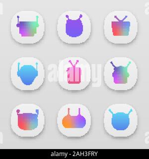 Chatbots App Icons einstellen. UI/UX-Benutzeroberfläche. Moderne Roboter emojis. Lachen, glücklich Chat bot Smileys. Virtuelle Assistenten. Web oder mobile Anwendungen. Stock Vektor