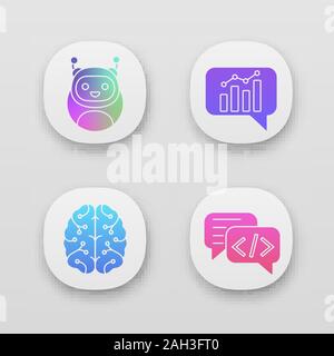 Chatbots App Icons einstellen. UI/UX-Benutzeroberfläche. Virtuelle Assistenten. Code, Statistiken, Unterstützung bots Chat. Moderne Roboter. Digitale Gehirn. AI. Web oder Mobil Stock Vektor