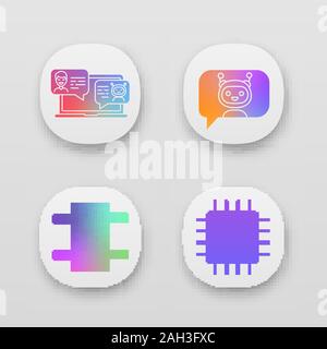 Chatbots App Icons einstellen. UI/UX-Benutzeroberfläche. Virtuelle Assistenten. Messenger und Chat Bots. Prozessor. Moderne Roboter. Smartphone Chat-roboter. Web oder Mo Stock Vektor