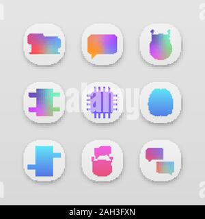 Chatbots App Icons einstellen. UI/UX-Benutzeroberfläche. Talkbots. Support Service, Chat, Messenger Bots. Moderne Roboter. Digitale Gehirn und Prozessor. Web- oder Mobi Stock Vektor