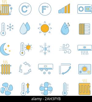 Klimaanlage Farbe Symbole gesetzt. Klimaanlage Heizung, Luftbefeuchtung, Ionisation, Lüftung. Klimaanlage mit Regelautomatik. Isolierte Vektorgrafiken Stock Vektor