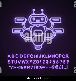 Mit Sprechblasen Neonlicht Symbol Chatbot. Talkbot chatten für mehrere Benutzer. Customer Support Service. Moderne Roboter. Leuchtende Zeichen mit Alphabet, nu Stock Vektor