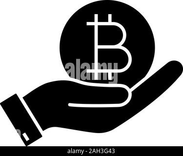 Hand mit bitcoin Münze Glyphe Symbol Öffnen. Silhouette Symbol. Kauf oder Verkauf bitcoin. Cryptocurrency. Negativer Platz. Vektor isoliert Abbildung Stock Vektor