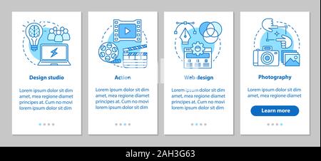 Design Studio Onboarding mobile App Seite Bildschirm mit linearen Konzepten. Aktion, Webdesign, Fotografie Schritte grafische Anweisungen. UX, Benutzeroberfläche, GUI-Vektor t Stock Vektor