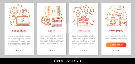 Design Studio Onboarding mobile App Seite Bildschirm mit linearen Konzepten. Aktion, Webdesign, Fotografie Schritte grafische Anweisungen. UX, Benutzeroberfläche, GUI-Vektor t Stock Vektor