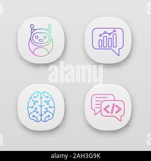 Chatbots App Icons einstellen. UI/UX-Benutzeroberfläche. Virtuelle Assistenten. Code, Statistiken, Unterstützung bots Chat. Moderne Roboter. Digitale Gehirn. AI. Web oder Mobil Stock Vektor