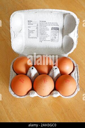 Sechs freie Strecke frische braune Eier in einem recycelbaren Karton verpackt. Stockfoto