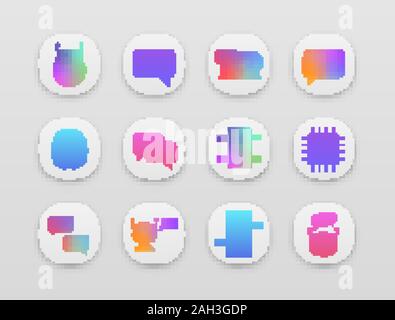 Chatbots App Icons einstellen. UI/UX-Benutzeroberfläche. Chat Bots. Talkbots. Virtuelle Assistenten. Support, Chat, Code, Messenger Bots. Online Helfer. Web oder mob Stock Vektor