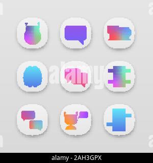 Chatbots App Icons einstellen. UI/UX-Benutzeroberfläche. Grafik, Support, Code, Messenger, bots Chat. Moderne Roboter. Chat-roboter. Virtuelle Assistenten. Web oder Mobil Stock Vektor