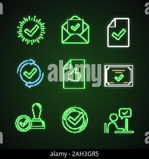 Neon Licht Symbole genehmigen. Häkchen, Bestätigung per e-mail, Document Verification, Test, Review, Zertifikat, Stempel, Qualität Abzeichen, genehmigt Chat Stock Vektor