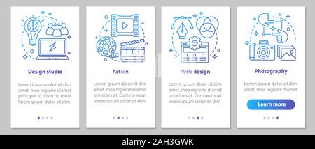 Design Studio Onboarding mobile App Seite Bildschirm mit linearen Konzepten. Aktion, Webdesign, Fotografie Schritte grafische Anweisungen. UX, Benutzeroberfläche, GUI-Vektor t Stock Vektor