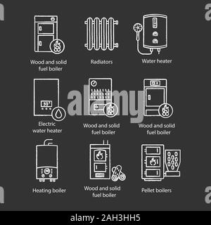 Heizung chalk Symbole gesetzt. Heizkessel, Heizkörper, Warmwasserbereiter. Gas-, Elektro-, Pellet, Kessel. Gewerbliche, Industrielle, häuslichen Zentralheizungsanlagen. Stock Vektor