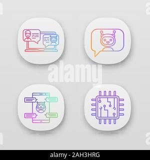 Chatbots App Icons einstellen. UI/UX-Benutzeroberfläche. Virtuelle Assistenten. Messenger und Chat Bots. Prozessor. Moderne Roboter. Smartphone Chat-roboter. Web oder Mo Stock Vektor