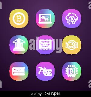 Bitcoin cryptocurrency App Icons einstellen. Münze, Online Shopping, Cloud Bergbau, Banking, bitcoin Webseite, hashrate, CPU-Bergbau, cryptocurrency. UI/UX-Benutzer Stock Vektor