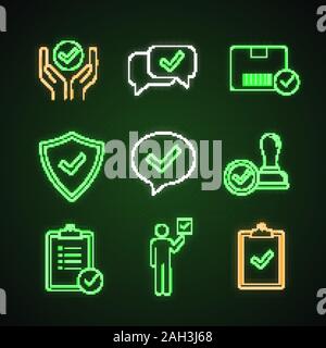 Neon Licht Symbole genehmigen. Qualität, Service, Chat, Lieferung, Sicherheit, Dialog, Stempel, Aufgabe Planung, Wähler, Zwischenablage mit Häkchen. Glowi Stock Vektor
