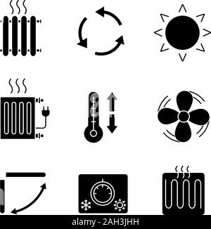 Klimaanlage Glyphe Symbole gesetzt. Heizkörper, Lüftung, Sonne, Klima, Lüftung, Conditioner Louvre, Thermostat, Heizung Element. Silhouet Stock Vektor