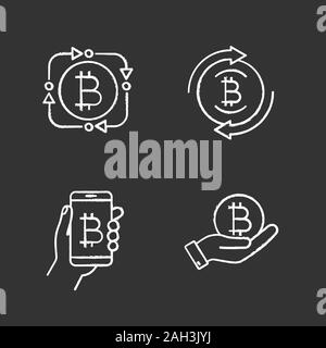 Bitcoin cryptocurrency Chalk Symbole gesetzt. Fintech, bitcoin Erstattung, Digital Wallet, Münze in der Hand. Isolierte vektor Tafel Abbildungen Stock Vektor