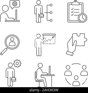 Business Management lineare Symbole gesetzt. Technischer Live-Chat, Qualifikation der Mitarbeiter, Planung, Personal suchen, Präsentation, Lösung, Manager, Office, teamwo Stock Vektor