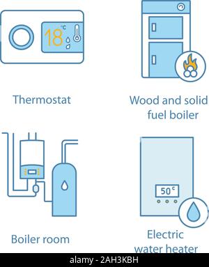 Heizung Color Symbole gesetzt. Digitaler Thermostat, Festbrennstoffkessel, Heizraum, elektrische Warmwasserbereiter. Isolierte Vektorgrafiken Stock Vektor