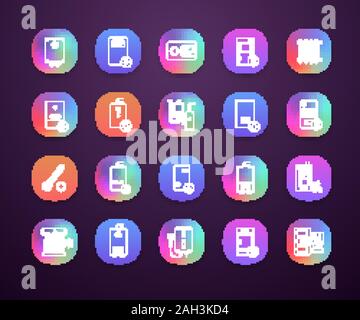 Heizung App Icons einstellen. UI/UX-Benutzeroberfläche. Heizkessel, Heizkörper, Thermostat. Gas-, Elektro-, feste Brennstoffe, Pellets, solar Kessel. Gewerbliche, industrielle Stock Vektor