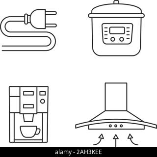 Haushaltsgeräte lineare Symbole gesetzt. Netzstecker, multicooker, Kaffeemaschine, Dunstabzugshaube. Thin Line Kontur Symbole. Isolierte vektor Kontur illus Stock Vektor