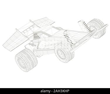 Drahtmodell Spielzeug Sportwagen. Anzeigen Perspektive. Maschine Drahtmodell aus schwarzen Linien auf einem weißen Hintergrund. 3D. Vector Illustration. Stock Vektor