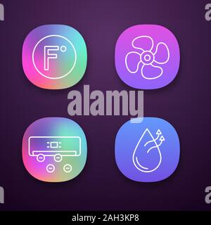 Klimaanlage App Icons einstellen. Fahrenheit Grad, Abluftventilator, Ionisator, Luftbefeuchtung. UI/UX-Benutzeroberfläche. Web oder mobile Anwendungen. Vektor Stock Vektor