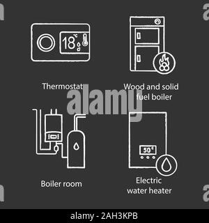 Heizung chalk Symbole gesetzt. Digitaler Thermostat, Festbrennstoffkessel, Heizraum, elektrische Warmwasserbereiter. Isolierte vektor Tafel Abbildungen Stock Vektor